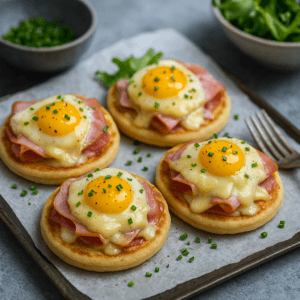 Blinis “Madame” au jambon, œuf et fromage fondu