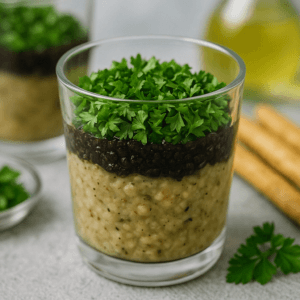 Verrines d’écrasé d’aubergines, tapenade noire et persil frais