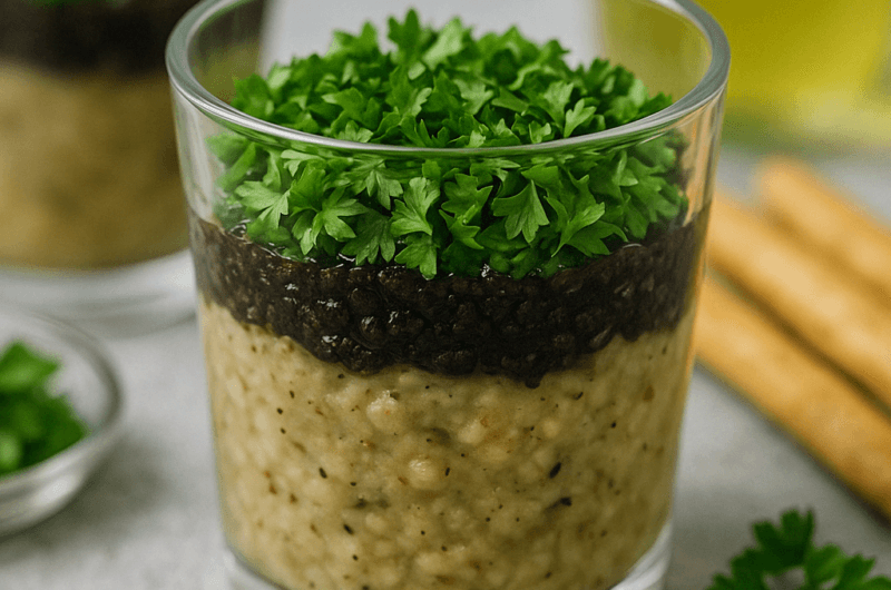 Verrines d’écrasé d’aubergines, tapenade noire et persil frais