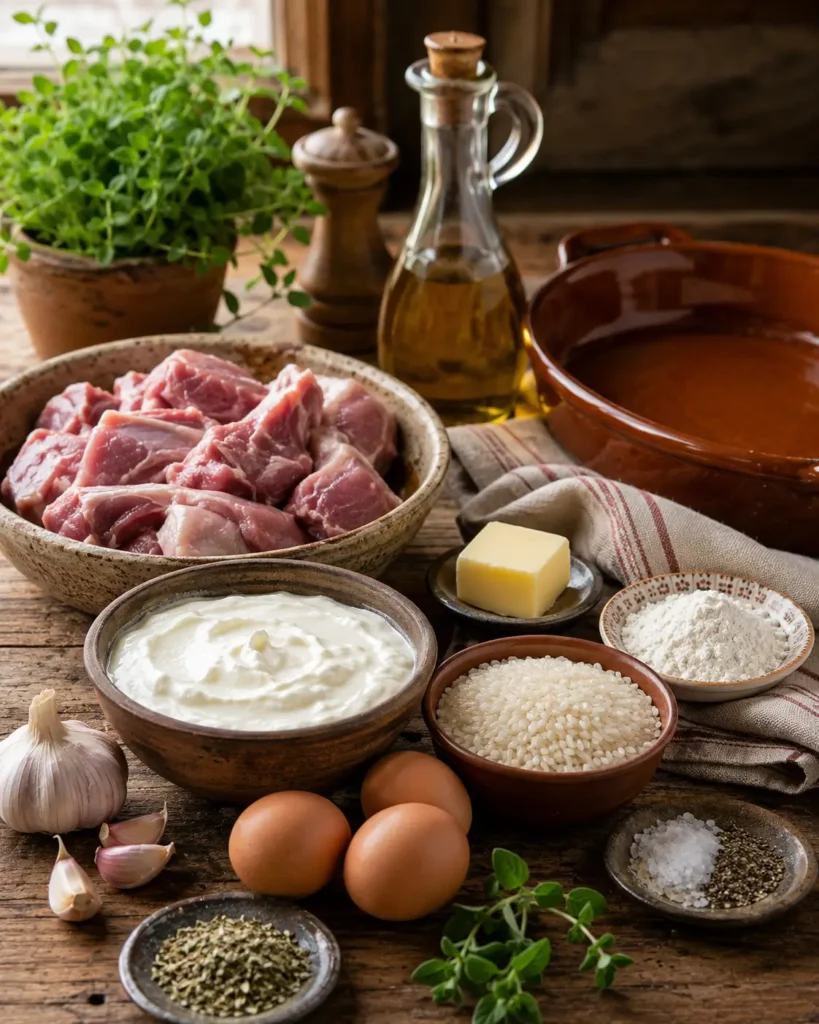 Ingrédients du Tavë Kosi disposés sur une table rustique : agneau, yaourt, riz, œufs, ail, beurre, farine, huile d’olive et origan