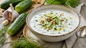 Bol de tarator, soupe froide au concombre, yaourt, aneth, ail et noix, servi sur une table rustique