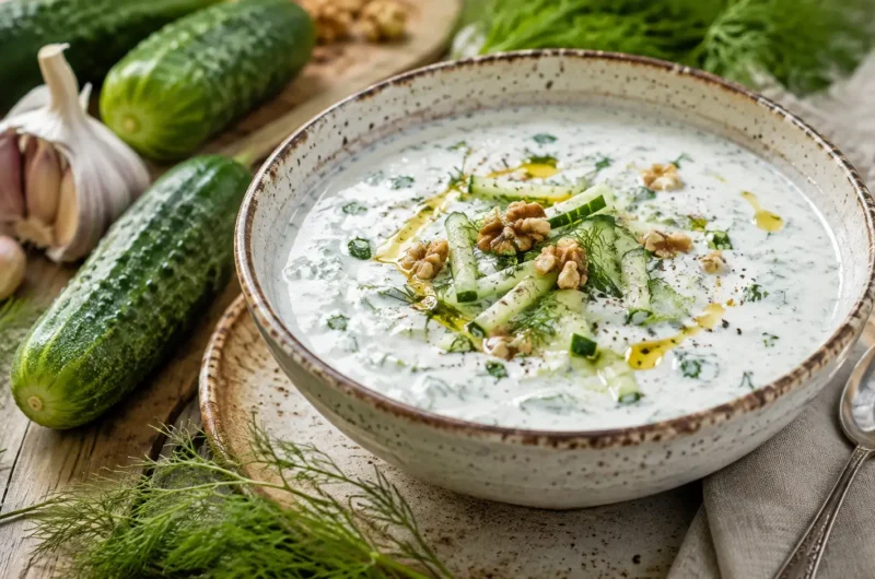 Bol de tarator, soupe froide au concombre, yaourt, aneth, ail et noix, servi sur une table rustique