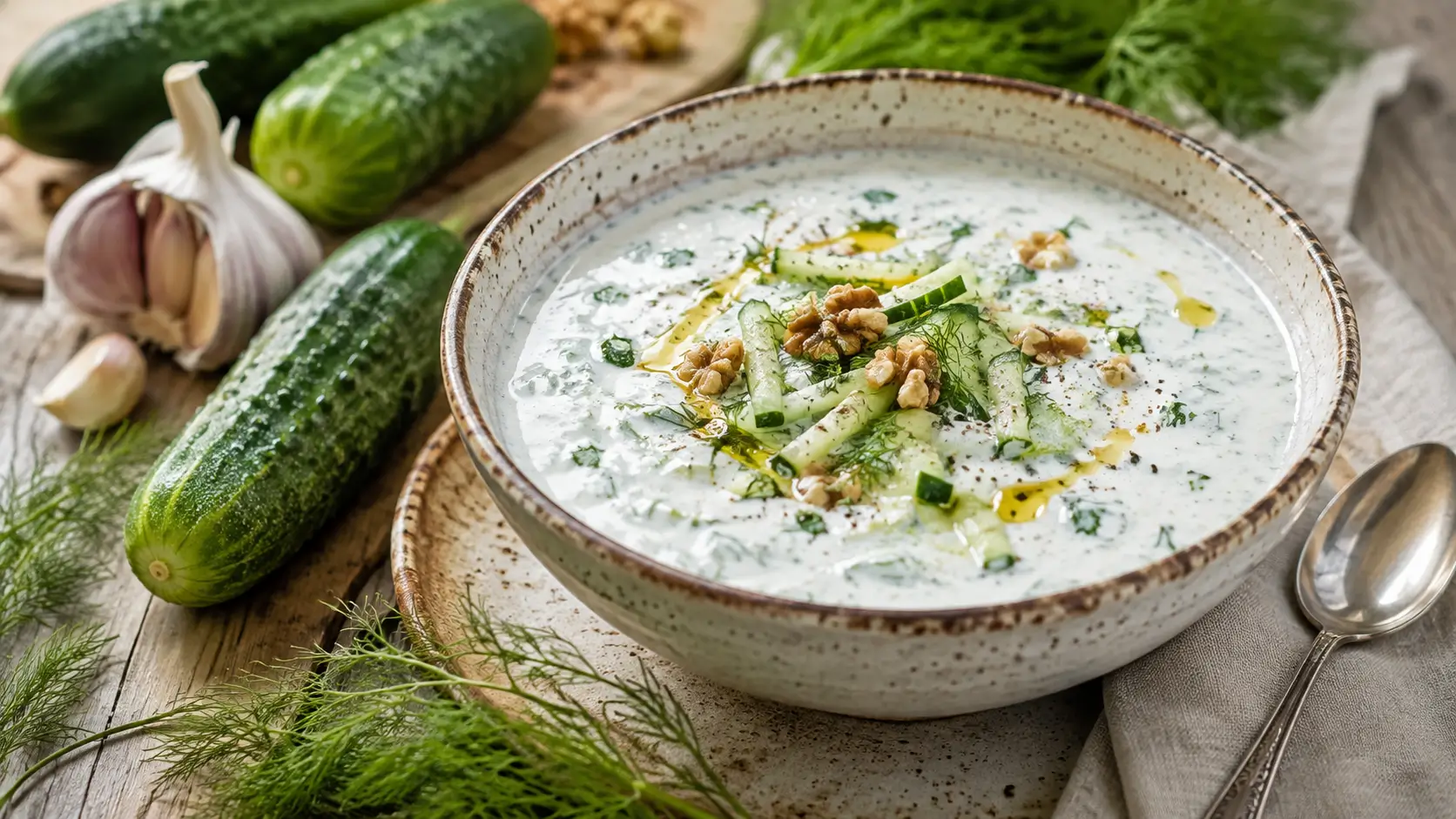 Bol de tarator, soupe froide au concombre, yaourt, aneth, ail et noix, servi sur une table rustique