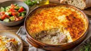 Tavë Kosi albanais servi dans un plat en terre cuite, avec agneau, riz et sauce au yaourt dorée au four