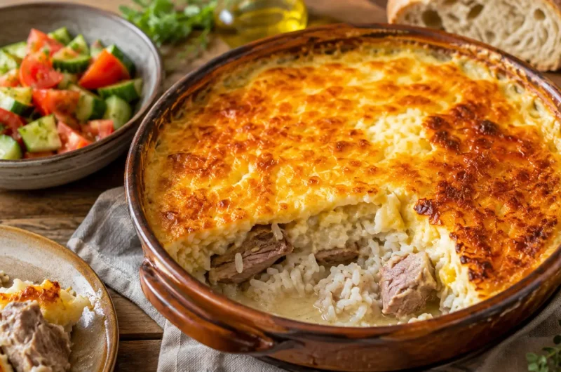 Tavë Kosi albanais servi dans un plat en terre cuite, avec agneau, riz et sauce au yaourt dorée au four