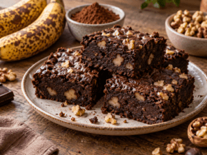 Brownie banane chocolat anti-gaspi aux noix préparé avec des bananes très mûres