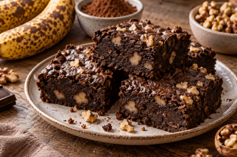 Brownie banane chocolat anti-gaspi aux noix préparé avec des bananes très mûres