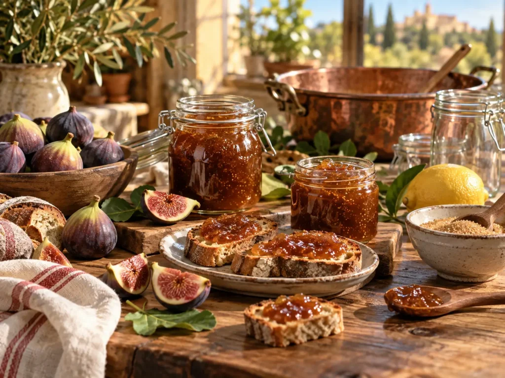 Confiture de figues maison servie sur des tartines avec figues fraîches