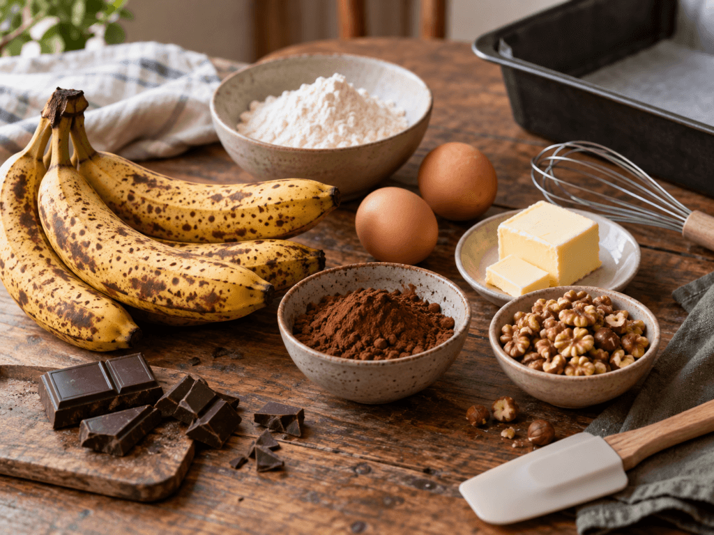 Ingrédients du brownie banane chocolat anti-gaspi : bananes mûres, œufs, cacao, farine, beurre, noix et chocolat
