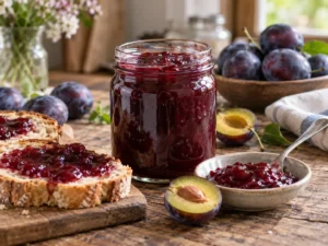 Quetsches fraîches, sucre de canne et citron pour préparer une confiture maison