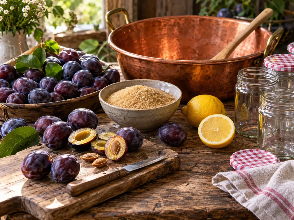 Bassine en cuivre, pots et ustensiles pour préparer une confiture de quetsches