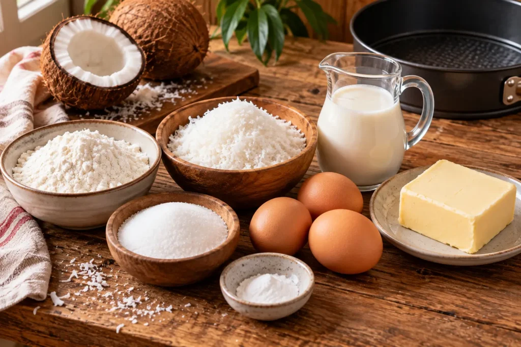 Gâteau moelleux à la noix de coco : ingrédients disposés sur une table en bois avec noix de coco râpée, farine, sucre, œufs, beurre, lait et levure chimique.