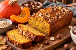 Cake au potimarron et aux noisettes, doré et coupé en tranches, dévoilant une mie orangée moelleuse, avec des noisettes croquantes.