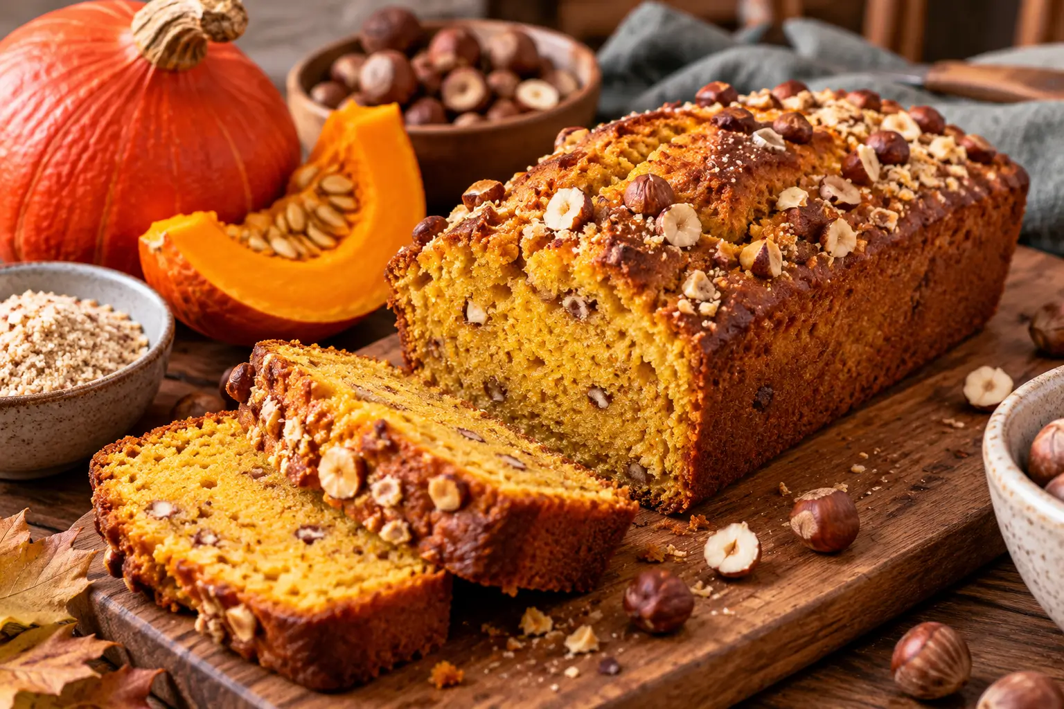 Cake au potimarron et aux noisettes, doré et coupé en tranches, dévoilant une mie orangée moelleuse, avec des noisettes croquantes.