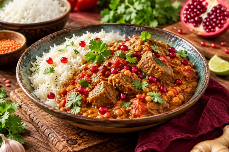 Curry d'agneau aux lentilles corail, coriandre fraîche et grenade, servi avec du riz basmati parfumé