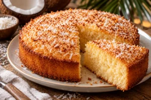 Gâteau moelleux à la noix de coco maison, doré et saupoudré de coco râpée, avec une part découpée révélant une mie tendre