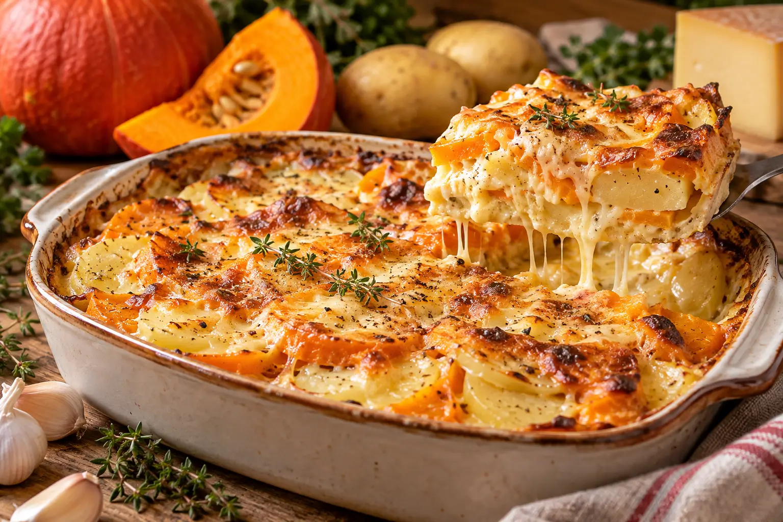 Gratin de potimarron pommes de terre au comté, doré au four dans un plat familial
