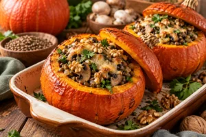 Potimarron farci végétarien aux champignons et aux lentilles, rôti au four et garni d'une farce généreuse