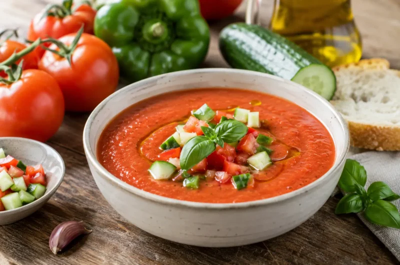 Gaspacho andalou traditionnel servi dans un bol avec tomates, concombre, poivron et huile d’olive