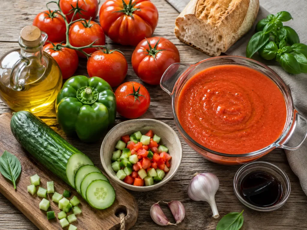 Ingrédients du gaspacho andalou sur une table : tomates, concombre, poivron, ail, pain, huile d’olive et vinaigre