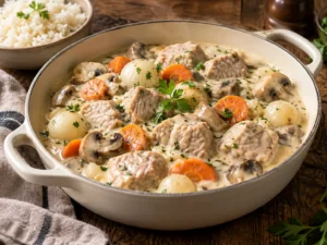 Blanquette de veau traditionnelle avec sauce crémeuse, carottes, champignons et petits oignons