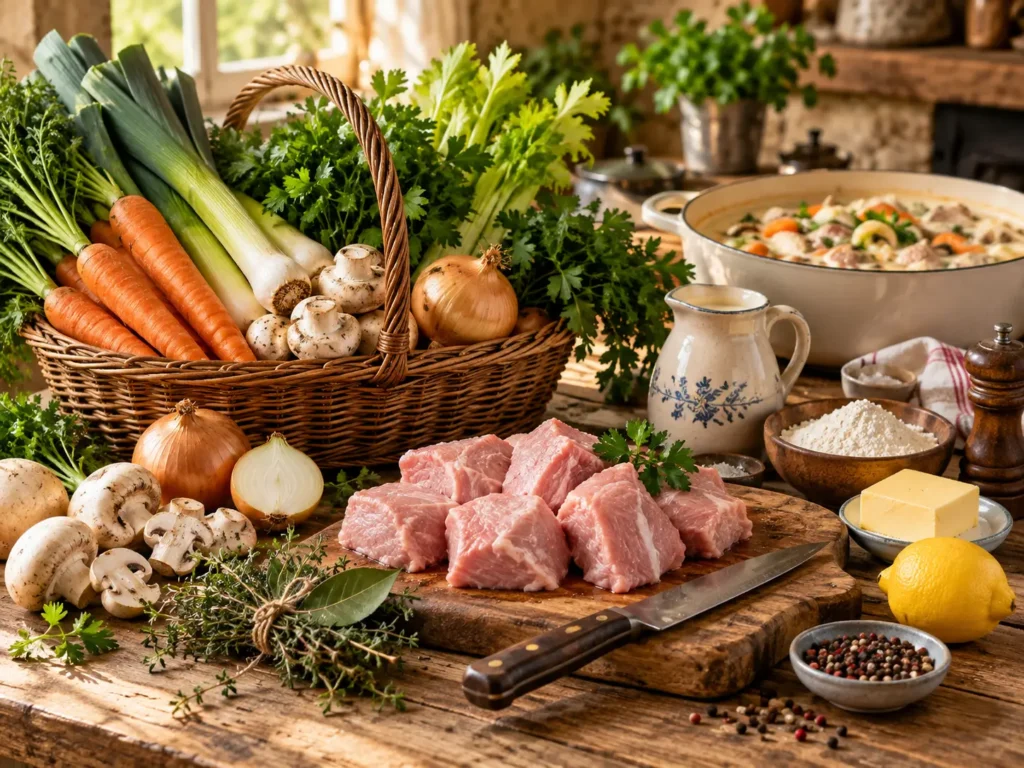 Ingrédients pour une blanquette de veau traditionnelle avec veau, carottes, poireaux, champignons et aromates