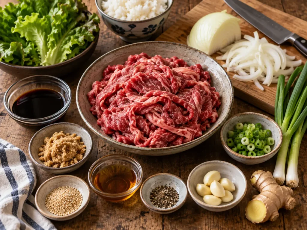 Ingrédients du bulgogi coréen au bœuf avec sauce soja, ail, gingembre, sésame et cébettes