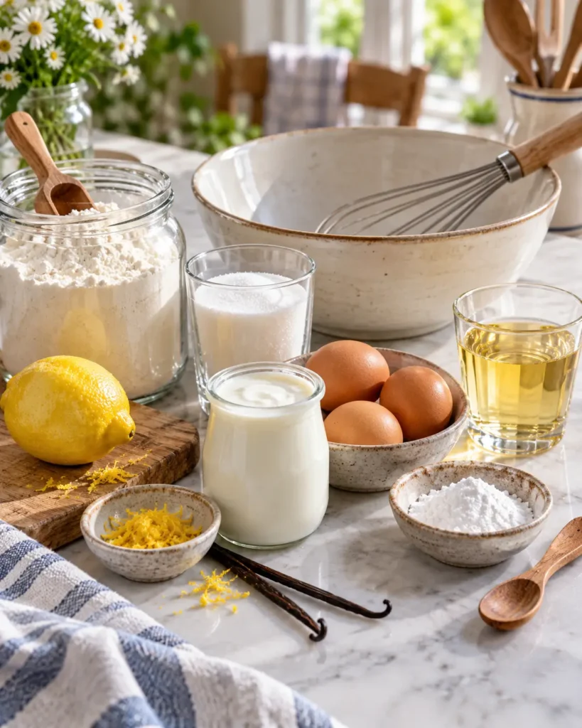 Ingrédients du gâteau au yaourt avec farine, œufs, sucre, huile et yaourt