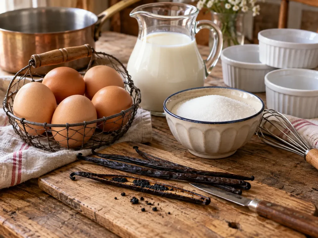 Ingrédients des œufs au lait à l’ancienne sur une table rustique avec œufs, lait, sucre et vanille