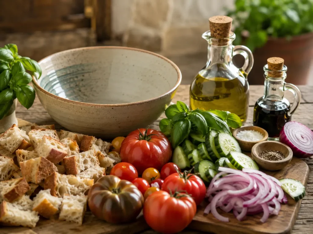 Ingrédients de la Panzanella toscane : pain rassis, tomates, concombre, oignon rouge, basilic et huile d’olive