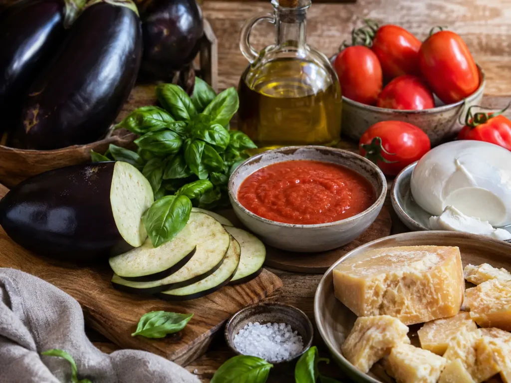 Ingrédients de la Parmigiana di Melanzane : aubergines, tomates, mozzarella, parmesan, basilic et huile d’olive