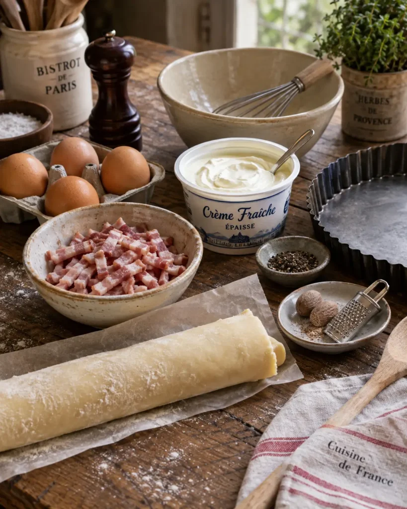Ingrédients pour préparer une quiche lorraine traditionnelle avec pâte brisée, lardons, œufs et crème