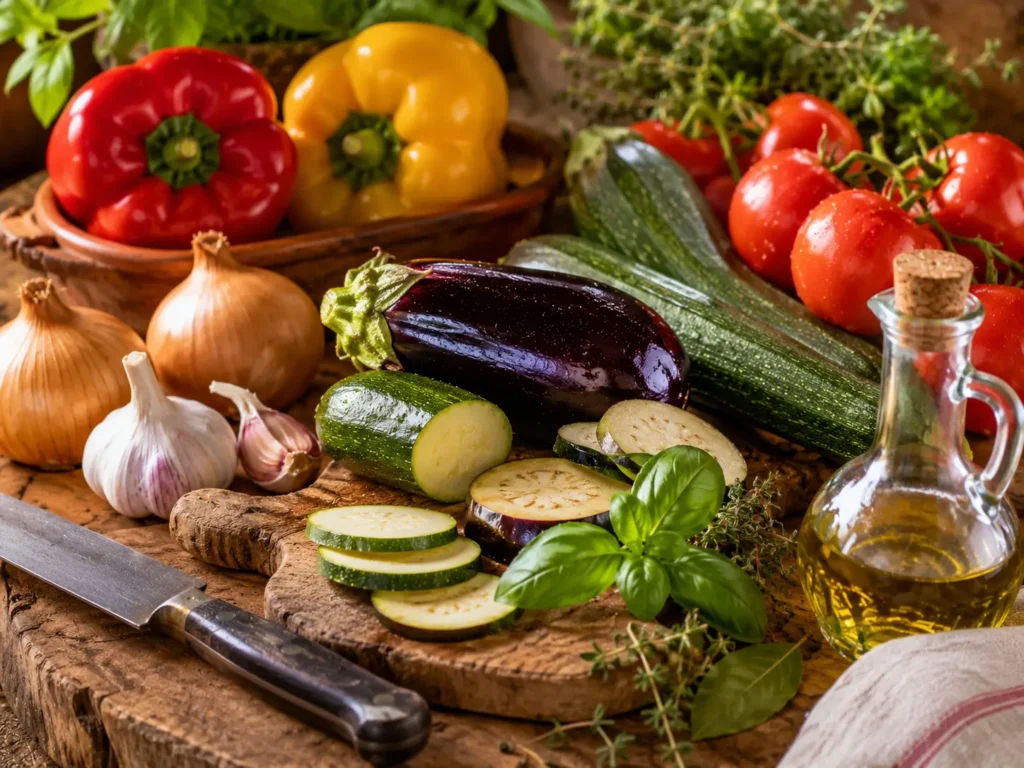 Ingrédients de la ratatouille provençale traditionnelle : aubergines, courgettes, tomates, poivrons, oignons, ail, basilic et huile d’olive
