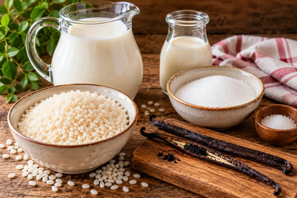 Ingrédients du riz au lait crémeux à la vanille : riz rond, lait, sucre, vanille et crème