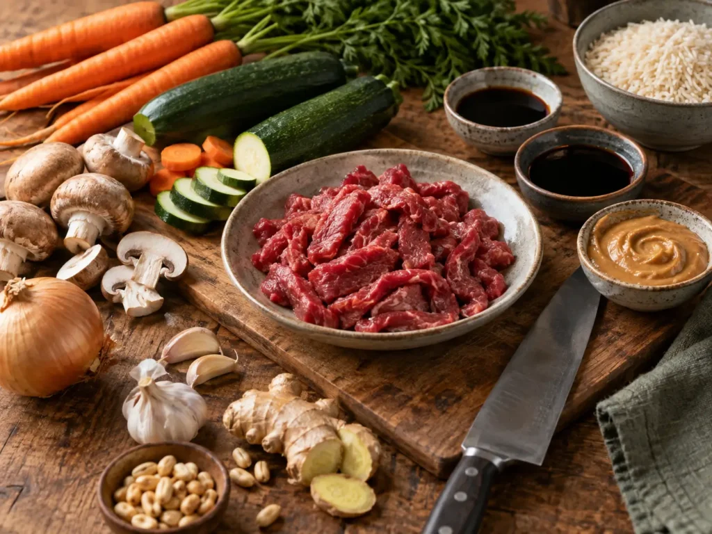 Ingrédients pour wok de bœuf sauce cacahuète avec carottes, courgette, champignons, gingembre et soja