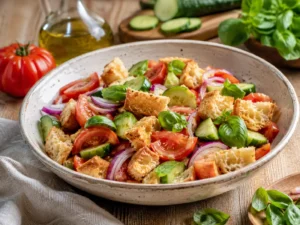 Panzanella toscane au pain rassis, tomates, concombre, oignon rouge et basilic