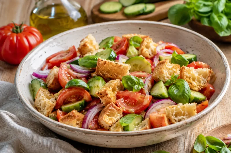 Panzanella toscane au pain rassis, tomates, concombre, oignon rouge et basilic