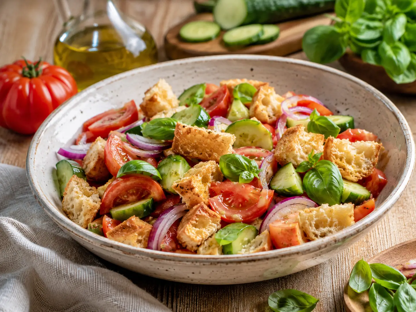 Panzanella toscane au pain rassis, tomates, concombre, oignon rouge et basilic