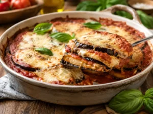 Parmigiana di Melanzane aux aubergines, sauce tomate, mozzarella et parmesan gratiné