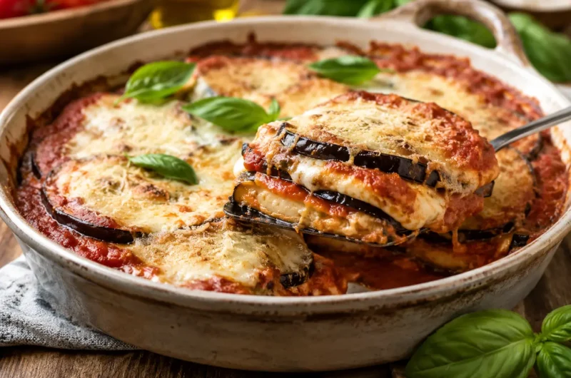 Parmigiana di Melanzane aux aubergines, sauce tomate, mozzarella et parmesan gratiné