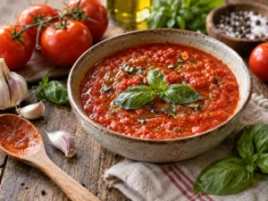 Sauce tomate maison au basilic préparée avec des tomates fraîches