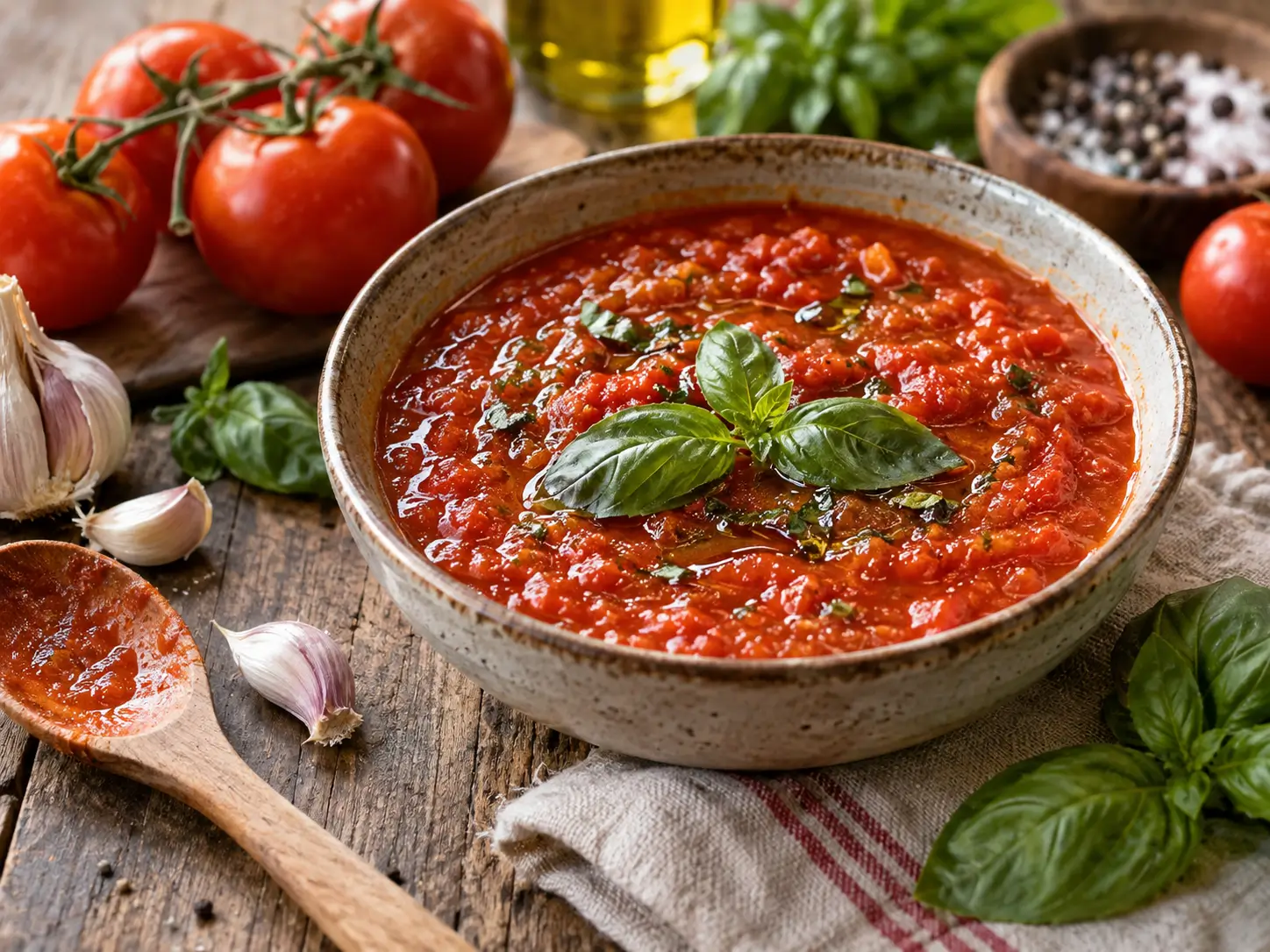 Sauce tomate maison au basilic préparée avec des tomates fraîches