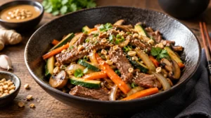 Wok de bœuf sauce cacahuète aux légumes