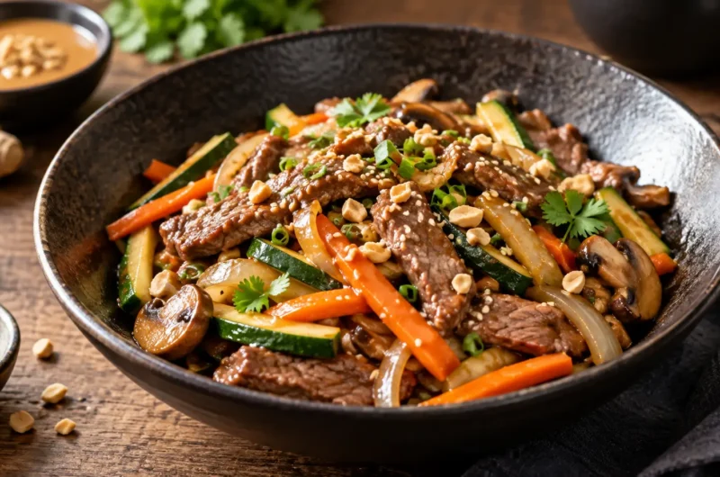 Wok de bœuf aux légumes, sauce cacahuète soja-gingembre