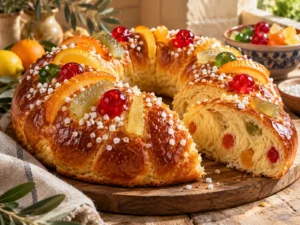 Brioche des rois provençale en couronne dorée décorée de fruits confits colorés et de sucre perlé