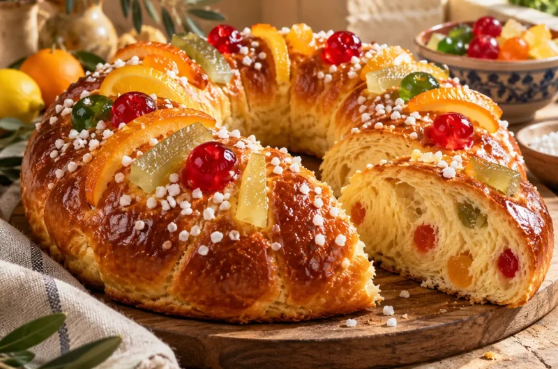Brioche des rois provençale en couronne dorée décorée de fruits confits colorés et de sucre perlé