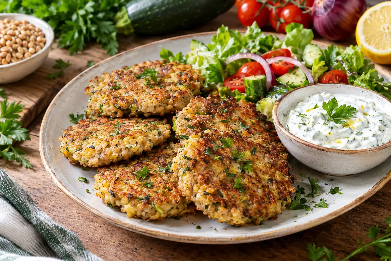 Galettes de petit épeautre dorées à la poêle, au fromage et aux herbes fraîches, servies avec une sauce au yaourt
