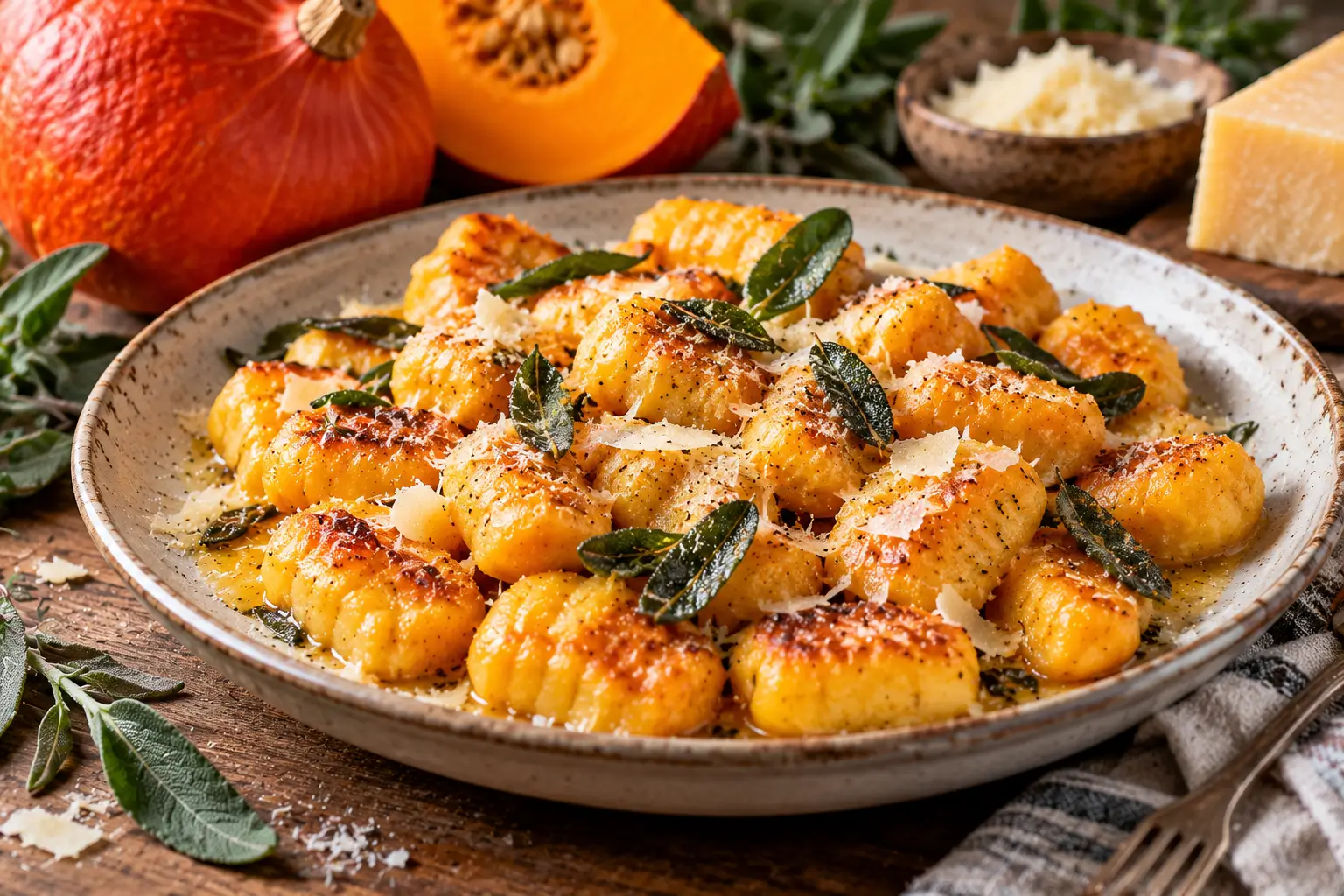 Gnocchis de potimarron maison dorés dans une poêle au beurre de sauge et parmesan