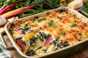 Gratin de blettes à la béchamel et au fromage, doré au four dans un plat en céramique