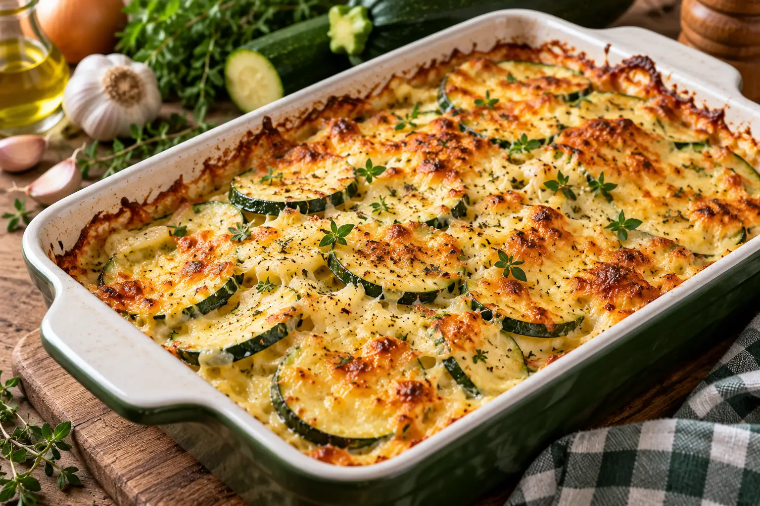 Gratin de courgettes facile à la crème et au fromage, doré au four dans un plat à gratin